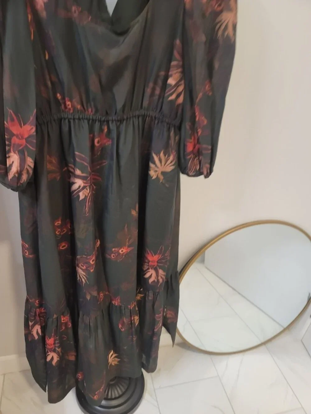 All Saints Rosi Nila Dark Khaki Green Tiered V-neck Midi Dress Size 4 US New